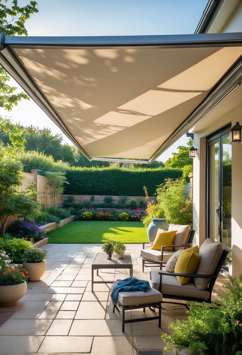 Backyard patio with a retractable awning shading an outdoor seating area surrounded by plants and greenery.