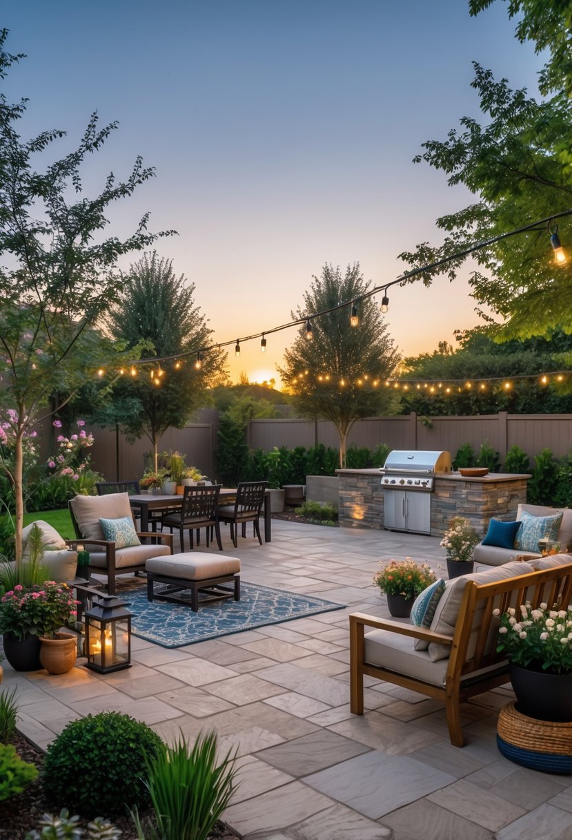 A backyard patio with stone flooring, outdoor seating, plants, and soft lighting during sunset.