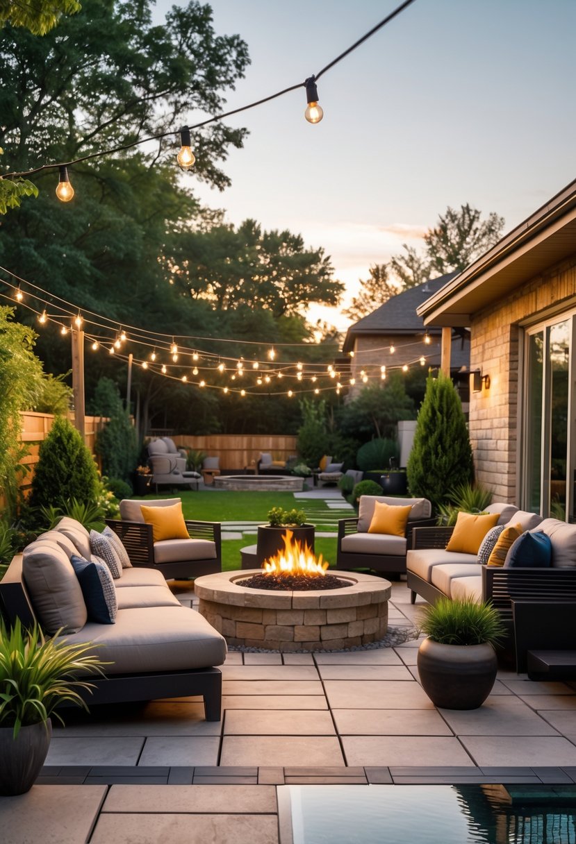 A backyard patio with seating, a fire pit, string lights, plants, and an outdoor dining area during sunset.
