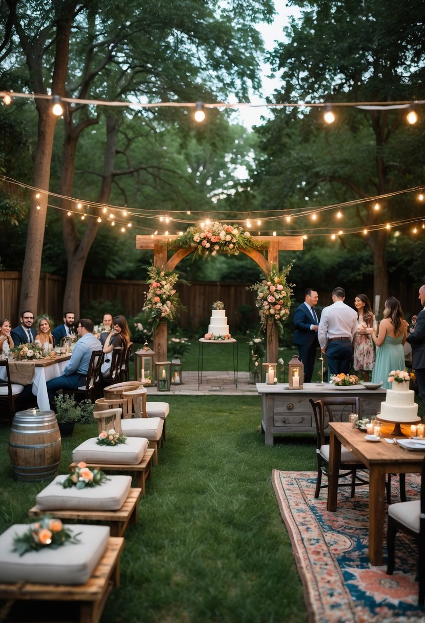 16 Stunning Backyard Wedding Ideas to Make Your Big Day Magical 2 A backyard wedding setup with a floral arch, string lights, decorated tables, and guests enjoying the celebration outdoors.