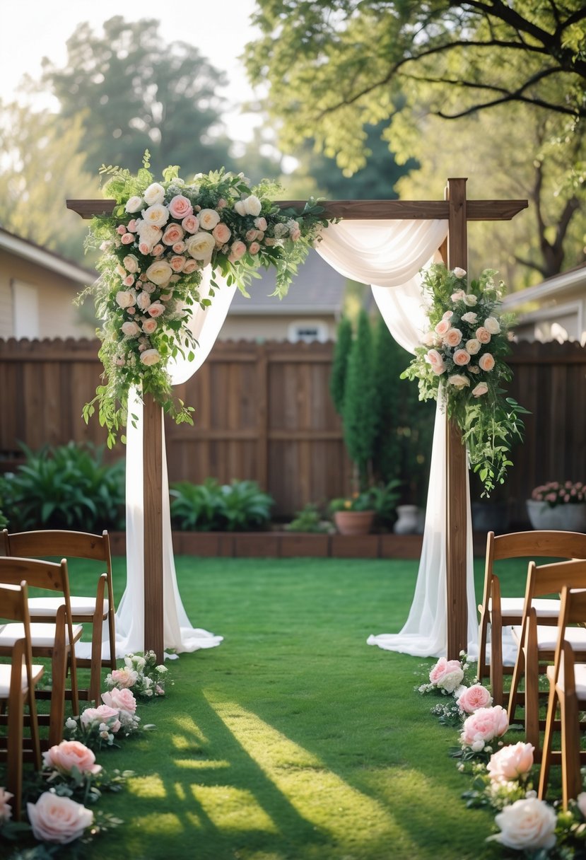 16 Stunning Backyard Wedding Ideas to Make Your Big Day Magical 3 A backyard wedding setup with a wooden flower arch altar decorated with pastel flowers and white fabric, surrounded by chairs on a green lawn.