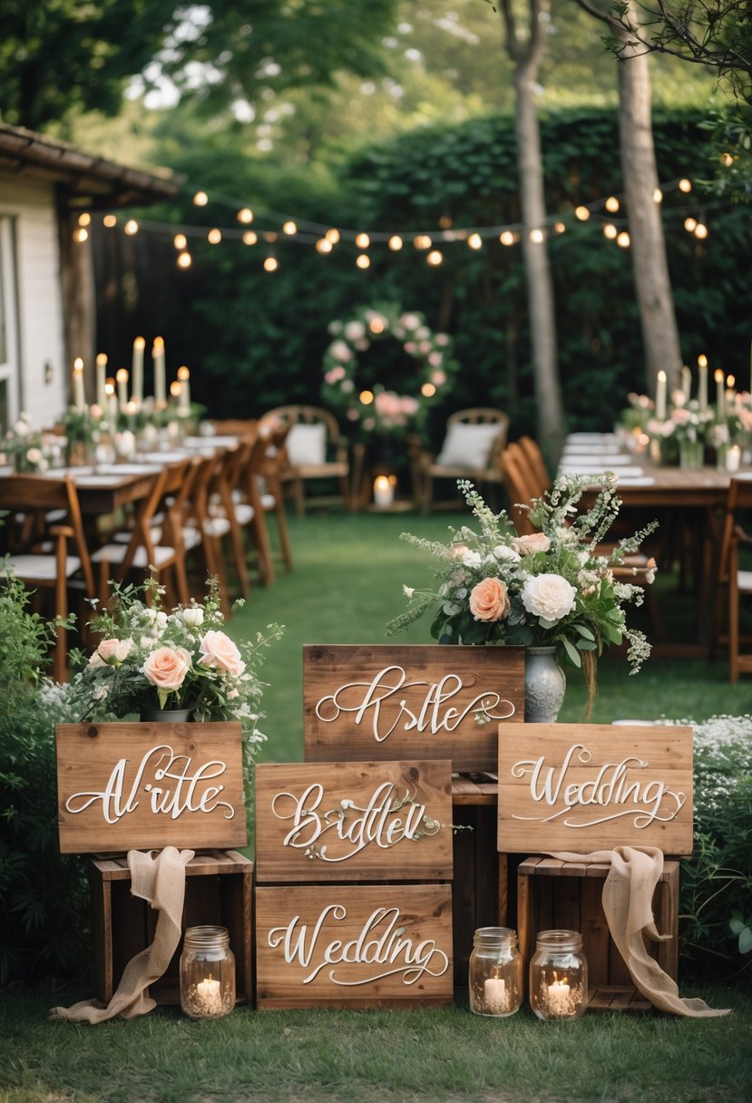 16 Stunning Backyard Wedding Ideas to Make Your Big Day Magical 4 Outdoor backyard wedding setup with rustic wooden signs, floral decorations, and wooden seating under natural light.