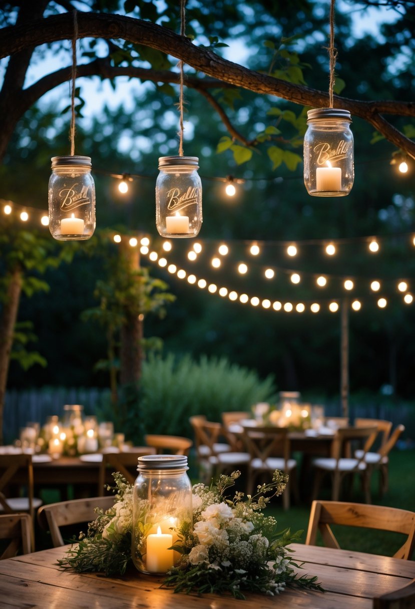 16 Stunning Backyard Wedding Ideas to Make Your Big Day Magical 5 Backyard wedding setup with mason jar candle holders glowing softly among trees and wooden tables surrounded by greenery and flowers.