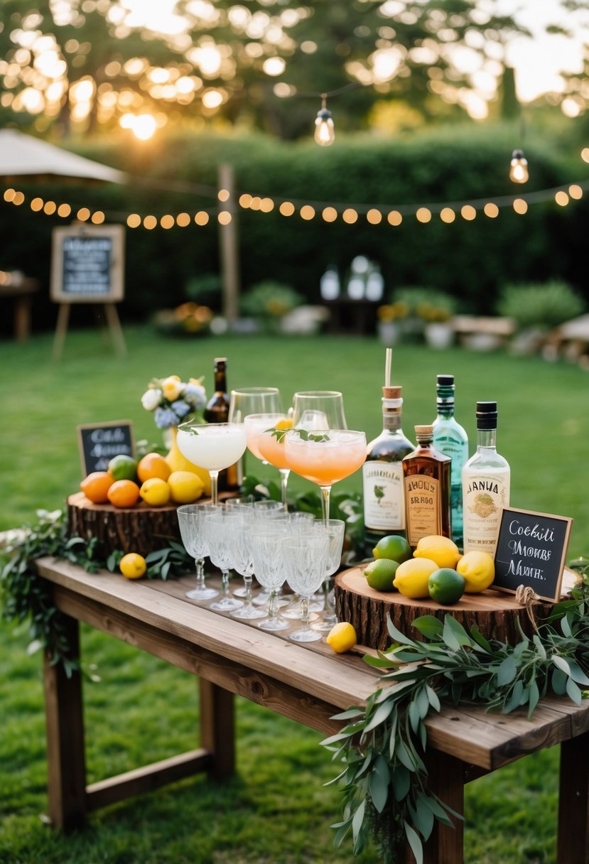 16 Stunning Backyard Wedding Ideas to Make Your Big Day Magical 6 An outdoor cocktail station with glasses, fruits, bottles, and floral decorations set up in a garden for a wedding.