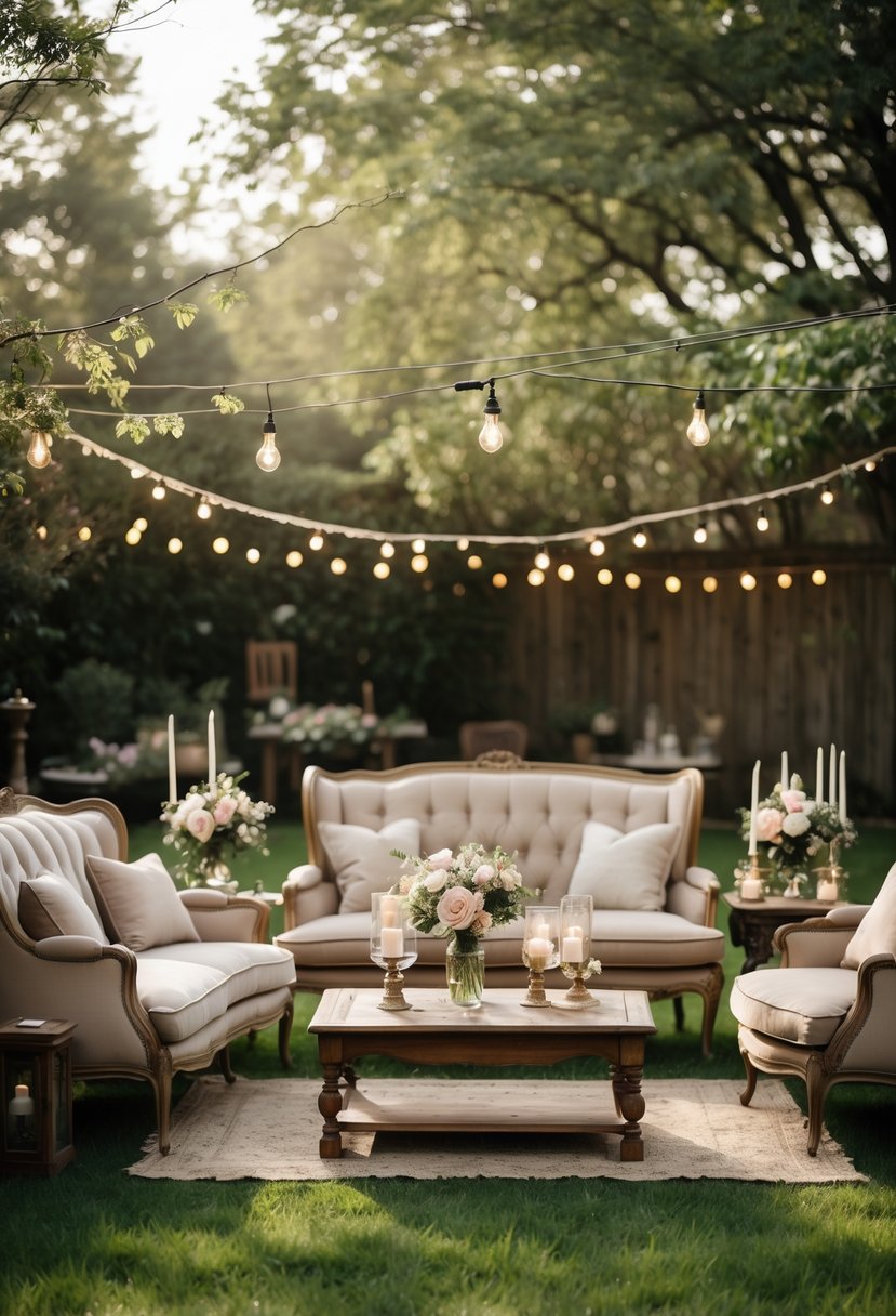 16 Stunning Backyard Wedding Ideas to Make Your Big Day Magical 7 Outdoor backyard scene with vintage sofas and chairs arranged for a wedding gathering surrounded by greenery and soft lighting.