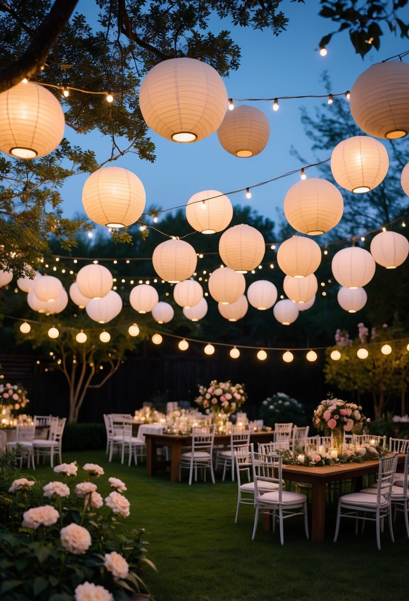 16 Stunning Backyard Wedding Ideas to Make Your Big Day Magical 8 Backyard wedding scene with hanging paper lanterns, wooden tables with floral centerpieces, white chairs, and soft evening lighting.