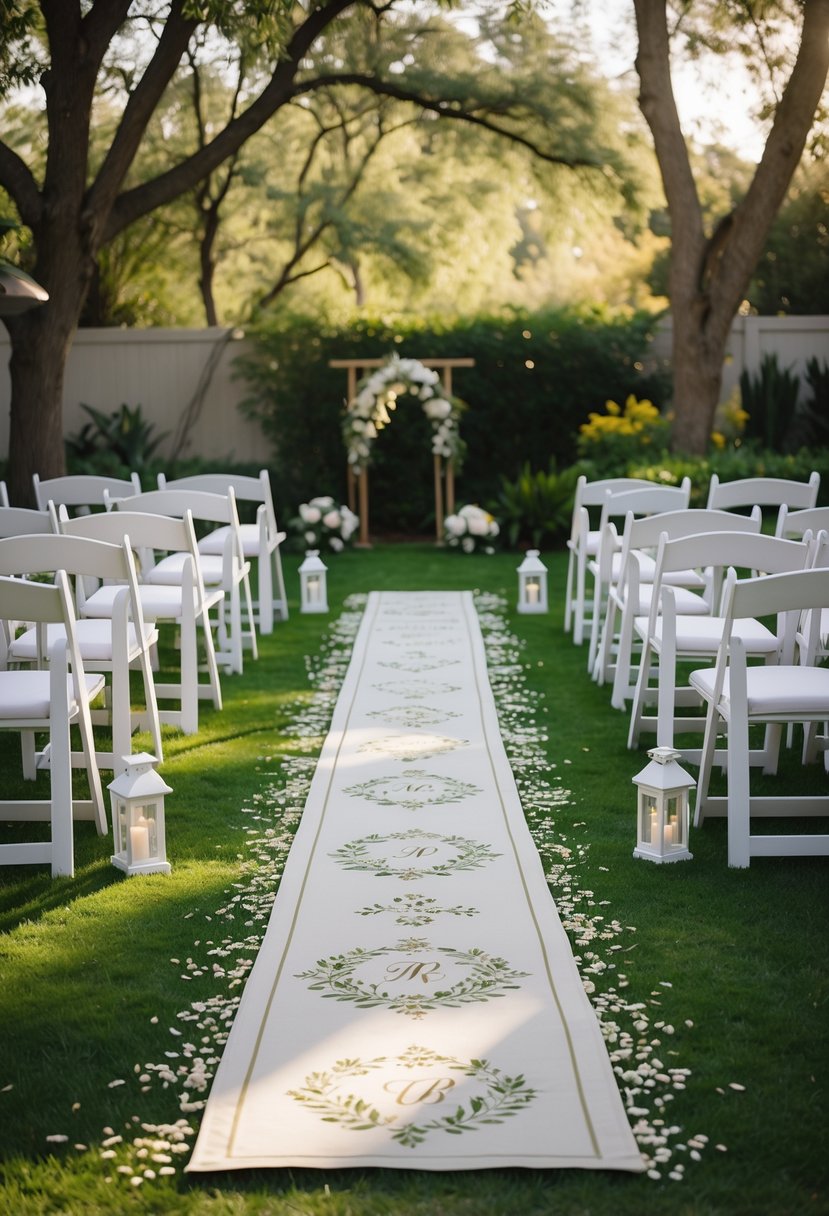 16 Stunning Backyard Wedding Ideas to Make Your Big Day Magical 9 Empty backyard wedding aisle with white chairs and a custom decorative runner surrounded by greenery and flowers.