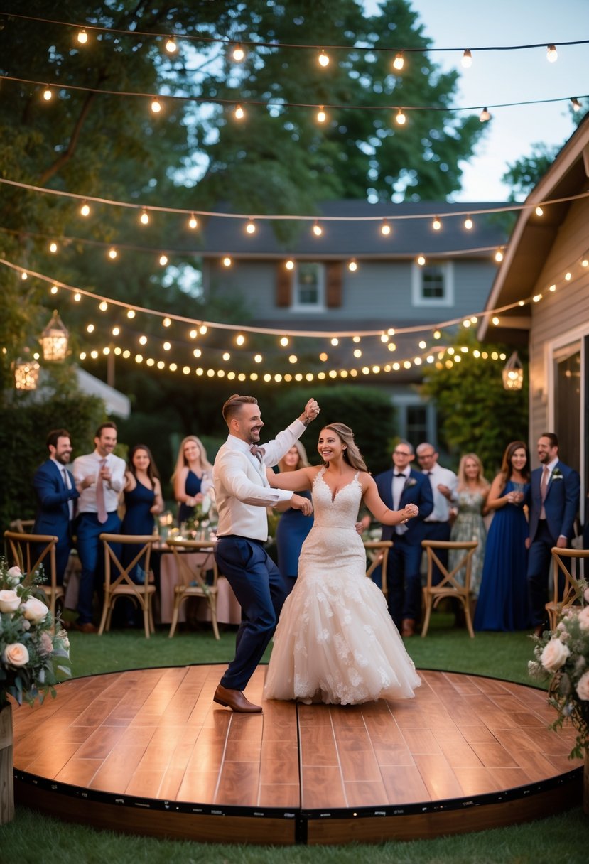 16 Stunning Backyard Wedding Ideas to Make Your Big Day Magical 10 People dancing on a wooden dance floor in a backyard decorated with string lights and flowers during a wedding celebration.