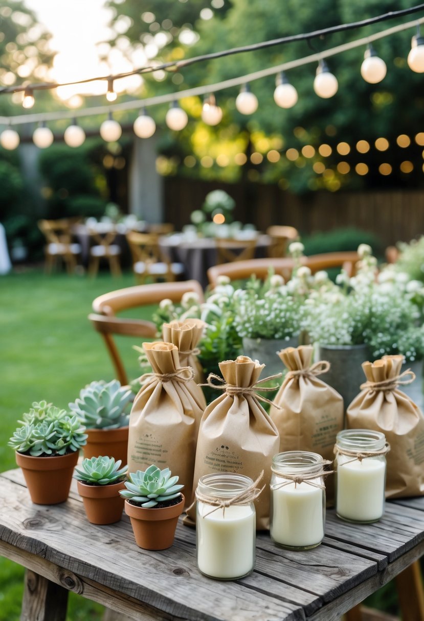 16 Stunning Backyard Wedding Ideas to Make Your Big Day Magical 12 Outdoor backyard wedding setup with eco-friendly wedding favors displayed on a wooden table surrounded by greenery and string lights.