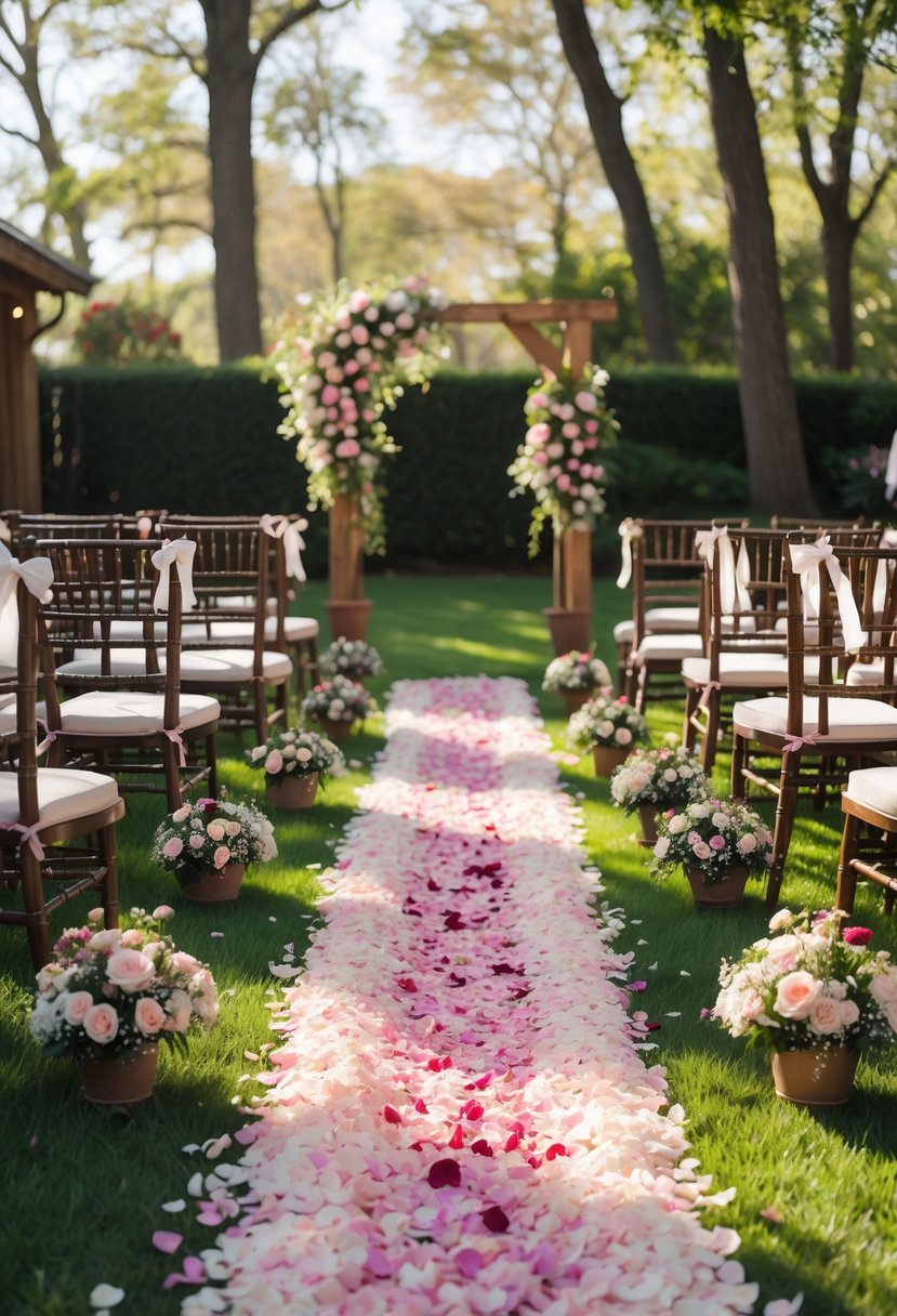 16 Stunning Backyard Wedding Ideas to Make Your Big Day Magical 13 A flower petal pathway in a backyard garden leading to a decorated wedding arch with chairs arranged on both sides.