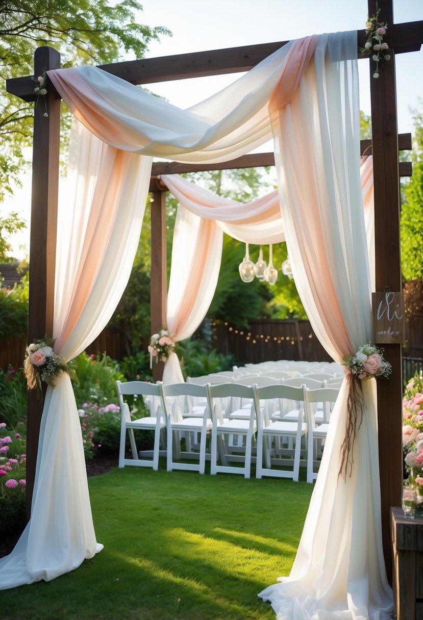16 Stunning Backyard Wedding Ideas to Make Your Big Day Magical 14 Backyard wedding setup with a draped fabric canopy over white chairs on a green lawn surrounded by flowers and trees.