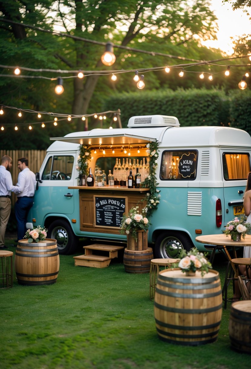 16 Stunning Backyard Wedding Ideas to Make Your Big Day Magical 15 Backyard wedding scene with a vintage camper van converted into a bar surrounded by guests and decorated with flowers and string lights.
