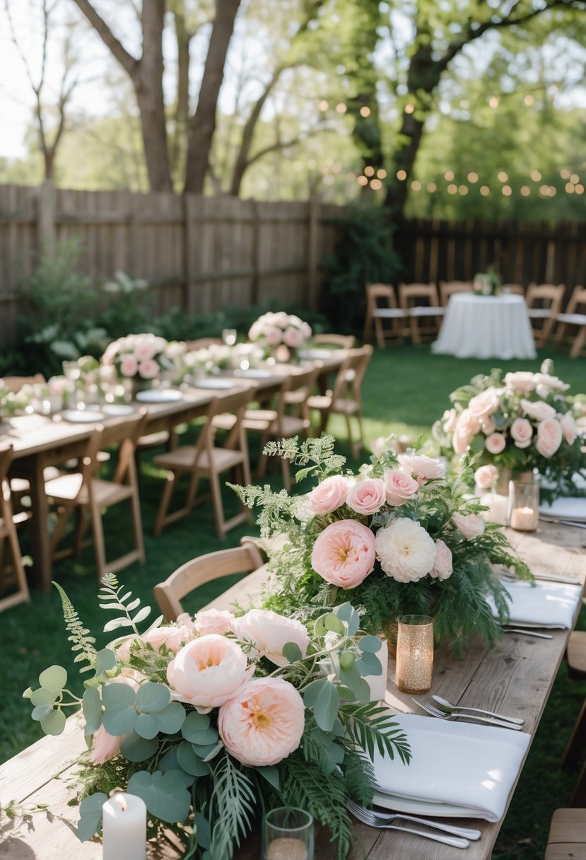 16 Stunning Backyard Wedding Ideas to Make Your Big Day Magical 16 A backyard wedding setup with tables decorated with blush pink and white flowers mixed with green leaves, surrounded by grass and wooden chairs.