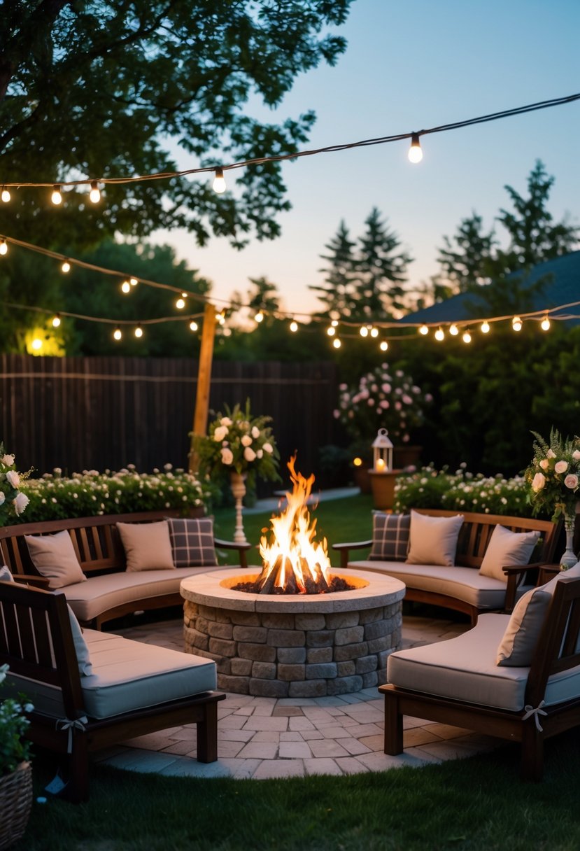 16 Stunning Backyard Wedding Ideas to Make Your Big Day Magical 17 A backyard wedding seating area with a stone fire pit surrounded by benches and chairs, decorated with string lights and plants.