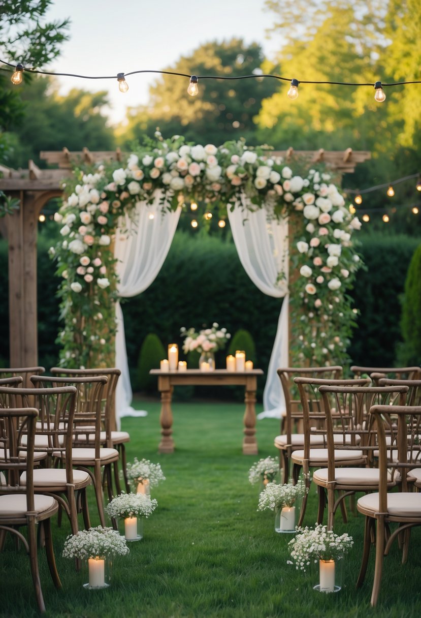 16 Stunning Backyard Wedding Ideas to Make Your Big Day Magical 18 A backyard wedding setup with wooden chairs, a floral arch, string lights, and rustic tables in a green garden under soft sunlight.