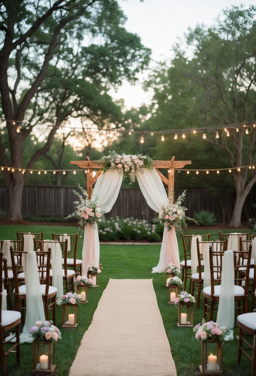 16 Stunning Backyard Wedding Ideas to Make Your Big Day Magical 19 A backyard wedding setup with wooden chairs, a flower-decorated arch, string lights, and greenery in an outdoor garden setting.