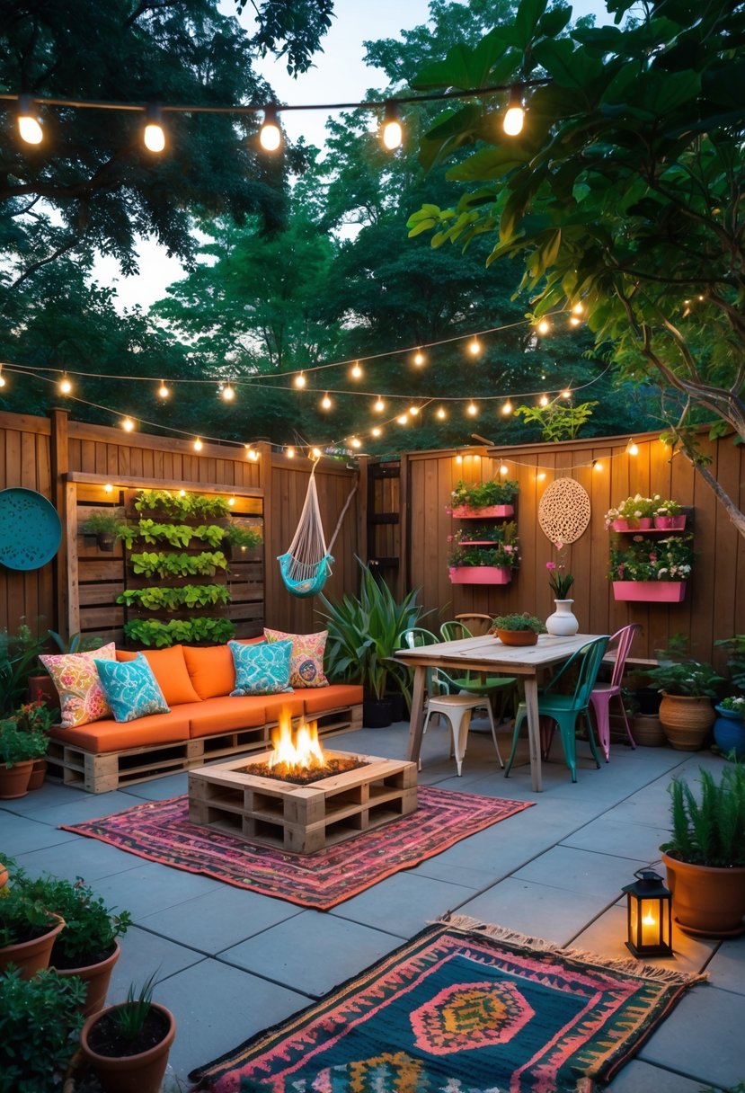 12 Backyard Oasis on a Budget Hacks You’ll Wish You Tried Sooner 2 A backyard with a cozy seating area, fire pit, hammock, vertical garden, outdoor dining table, and decorative lights surrounded by plants and trees.