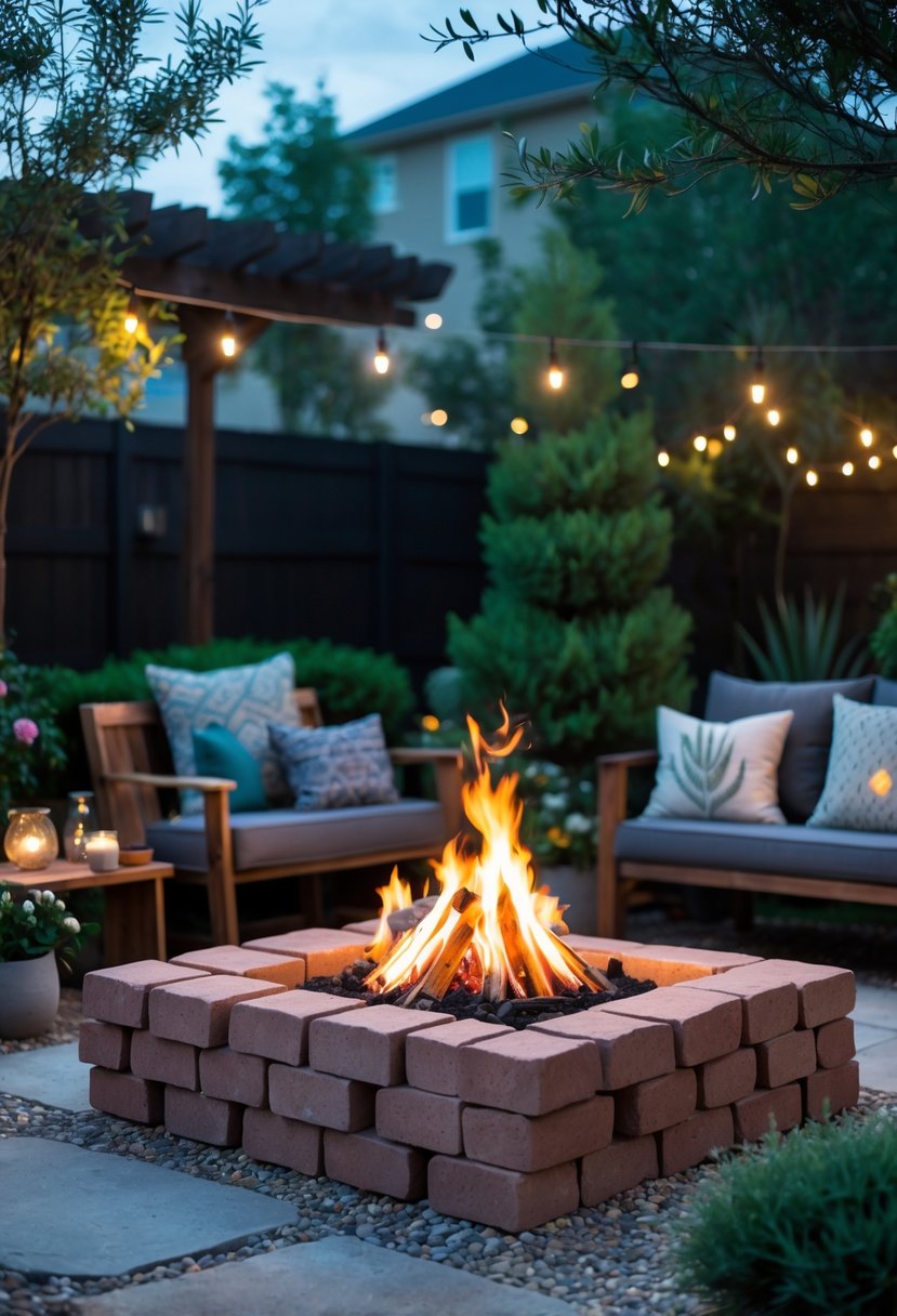 12 Backyard Oasis on a Budget Hacks You’ll Wish You Tried Sooner 3 A backyard with a glowing brick fire pit surrounded by outdoor seating and greenery.