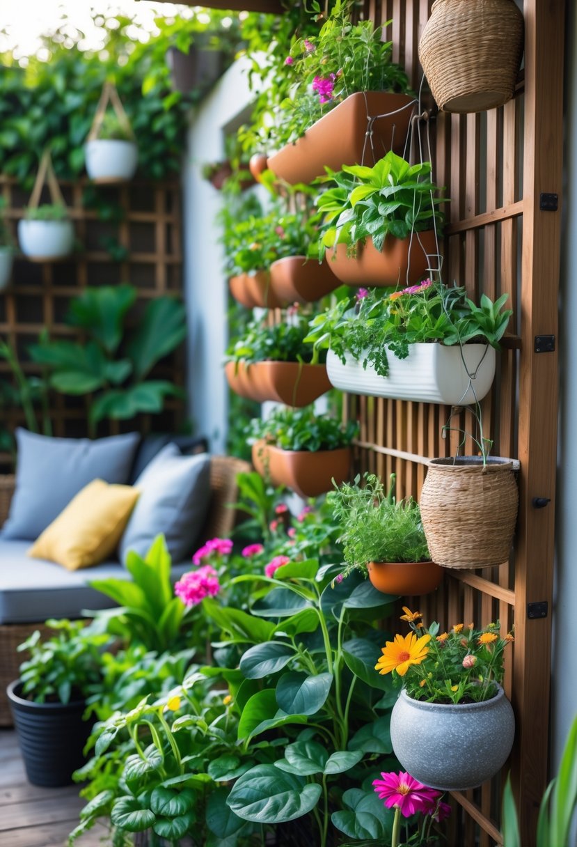 12 Backyard Oasis on a Budget Hacks You’ll Wish You Tried Sooner 5 A backyard with a vertical garden of hanging planters filled with green plants and flowers, alongside a cozy outdoor seating area.