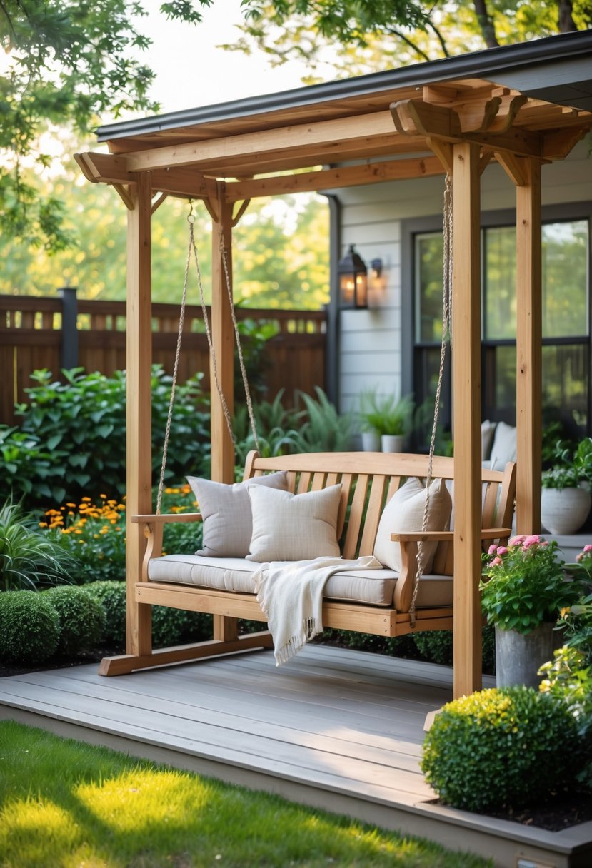 12 Backyard Oasis on a Budget Hacks You’ll Wish You Tried Sooner 6 A wooden porch swing with cushions in a green backyard garden surrounded by plants and flowers.