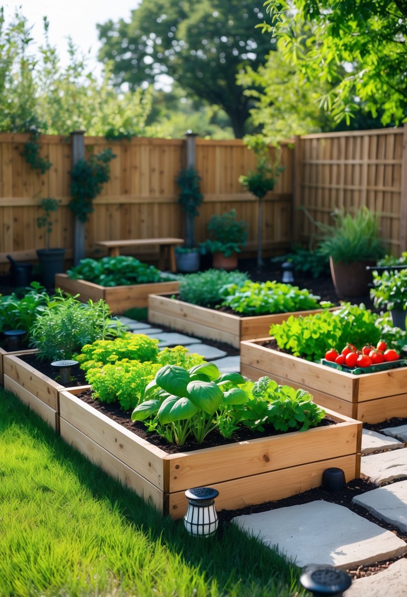 12 Backyard Oasis on a Budget Hacks You’ll Wish You Tried Sooner 7 Backyard with multiple raised wooden garden beds filled with herbs and vegetables, surrounded by stone paths, plants, and a wooden bench.
