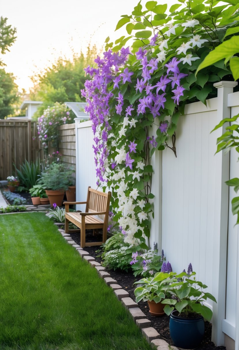 12 Backyard Oasis on a Budget Hacks You’ll Wish You Tried Sooner 9 A small backyard with a white privacy fence covered in blooming clematis vines, green lawn, flower beds, and a wooden bench.