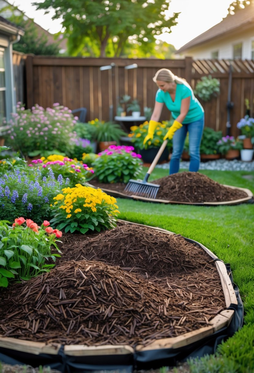 12 Backyard Oasis on a Budget Hacks You’ll Wish You Tried Sooner 10 A backyard garden with fresh mulch being spread around colorful flower beds and green plants.