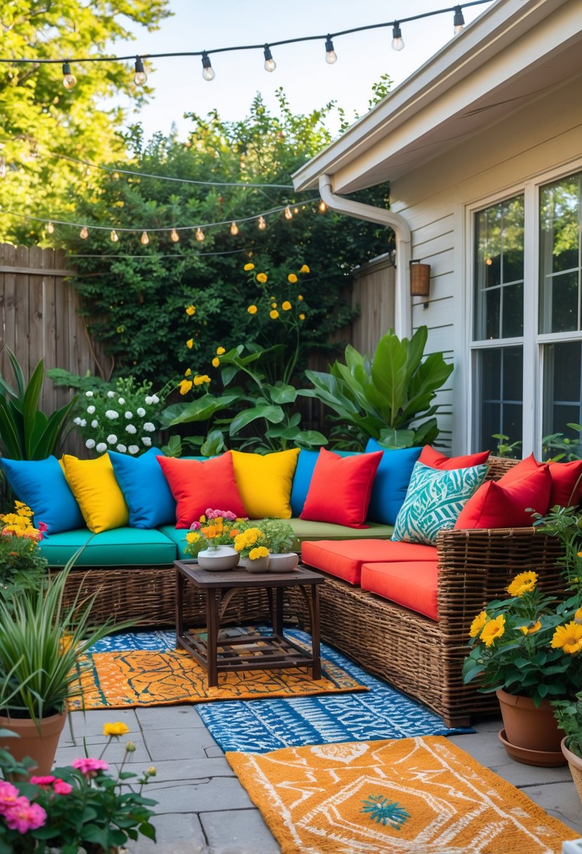 12 Backyard Oasis on a Budget Hacks You’ll Wish You Tried Sooner 14 A backyard seating area with colorful cushions and rugs surrounded by plants and string lights.