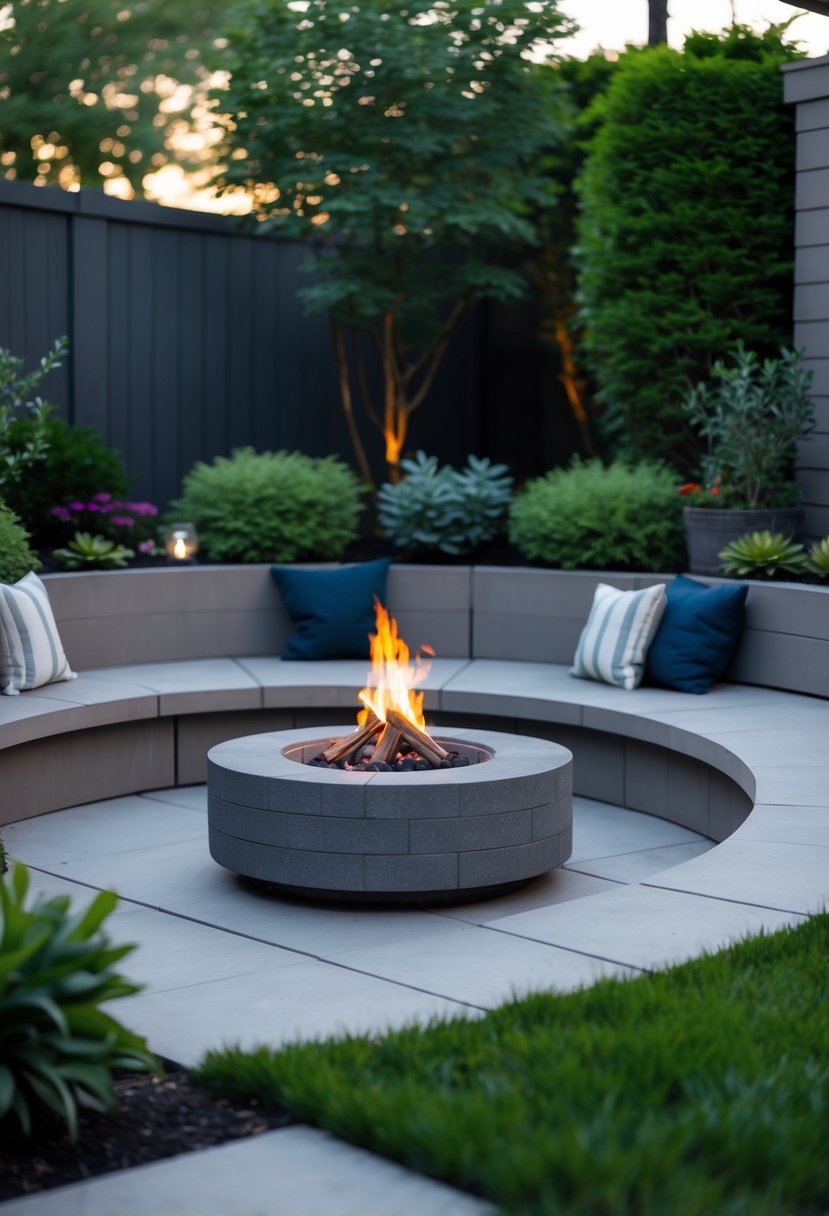 A small backyard with a compact fire pit and built-in curved seating surrounded by plants and greenery.