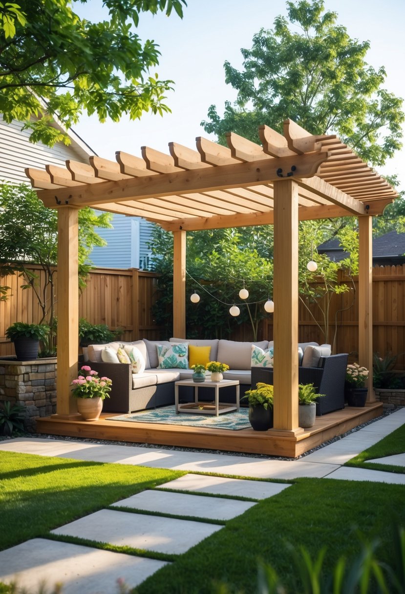 A small backyard with a wooden pergola providing shade over outdoor seating surrounded by plants and flowers.