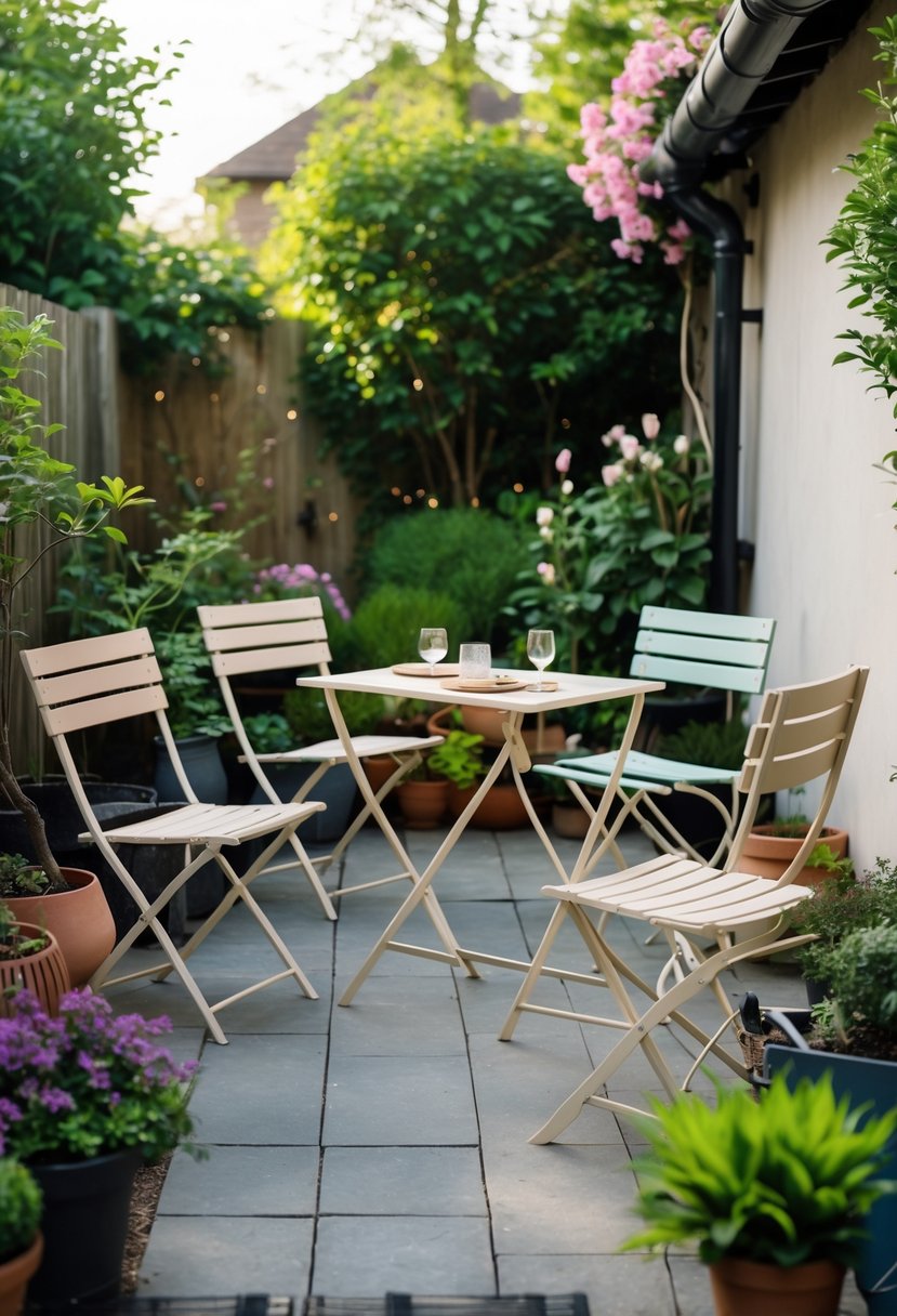 Small backyard with foldable bistro tables and chairs arranged among plants and greenery.