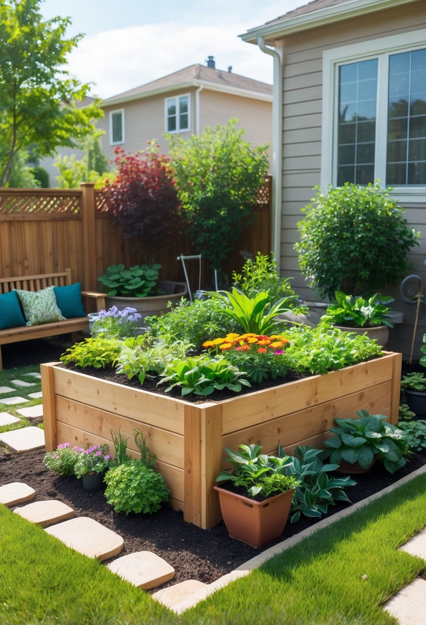 Small backyard with a wooden raised garden bed filled with plants, surrounded by grass, potted plants, and a wooden bench.