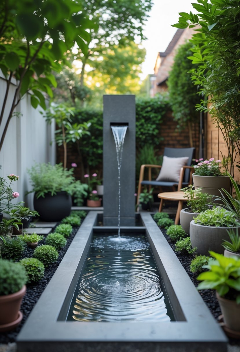 A small backyard with a slim water feature surrounded by plants and garden furniture.