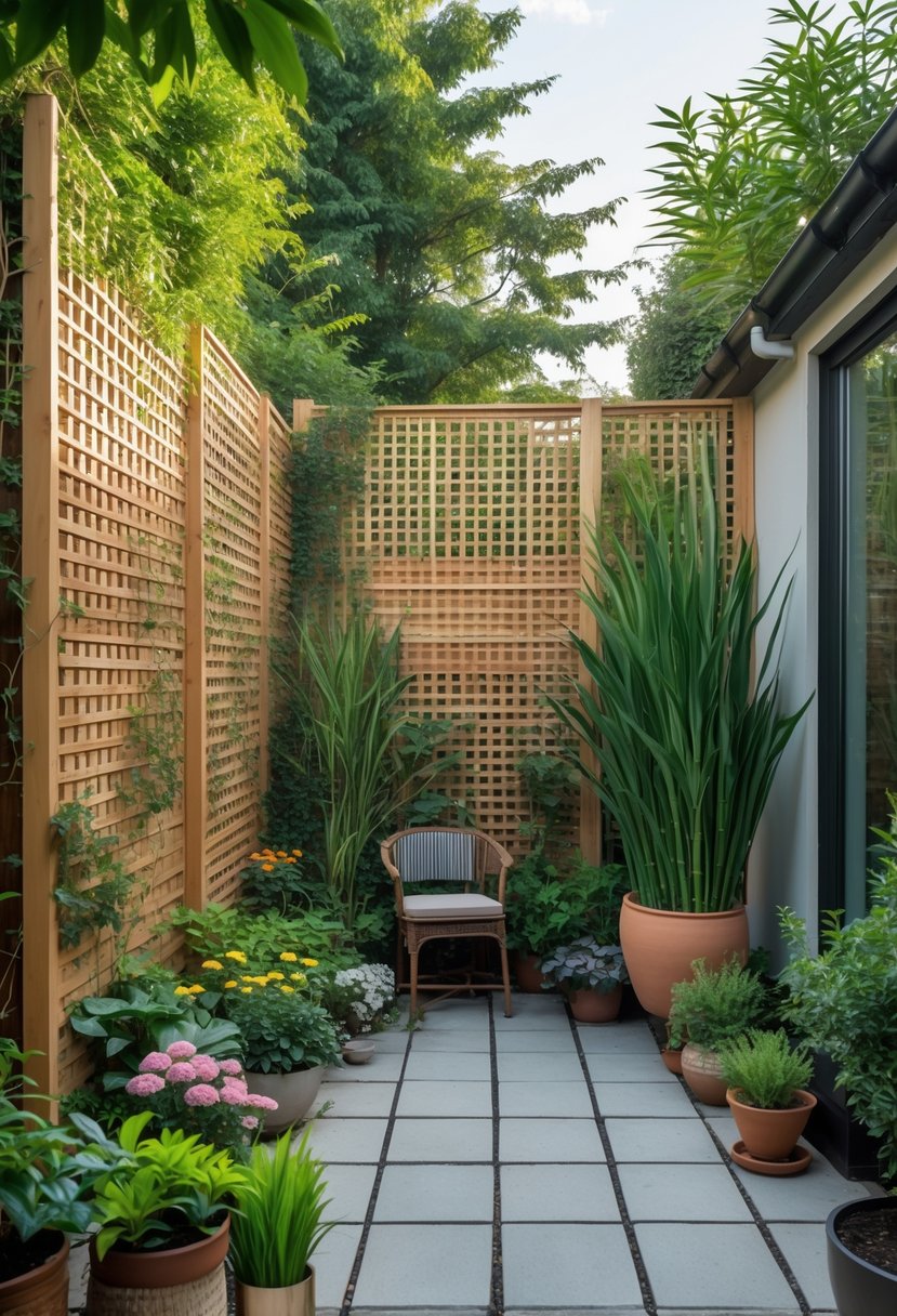 A small backyard with wooden lattice privacy screens and tall green plants surrounding a cozy patio area.