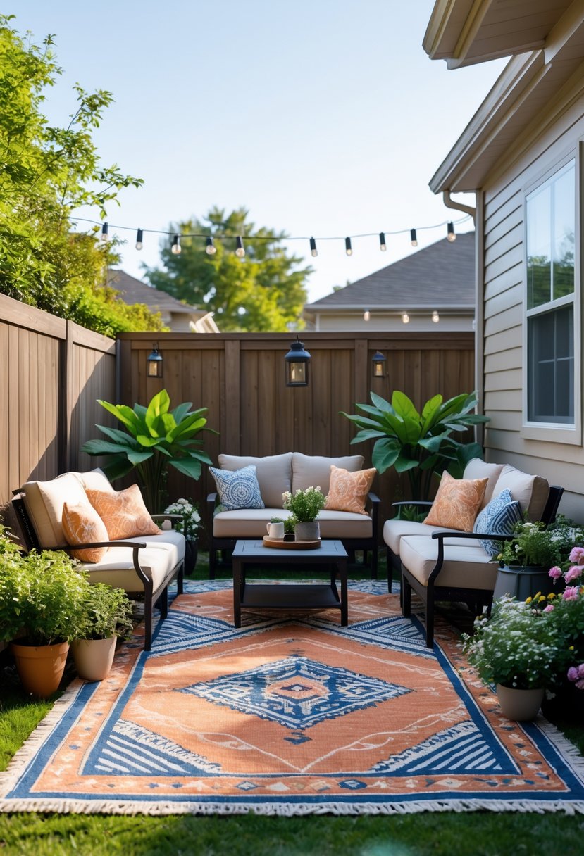 Small backyard with a seating area arranged on a colorful outdoor rug surrounded by plants and patio furniture.