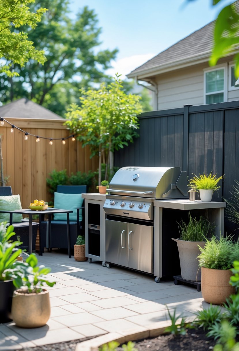 A compact outdoor kitchen with a grill, countertop, and seating in a small backyard surrounded by plants and a fence.