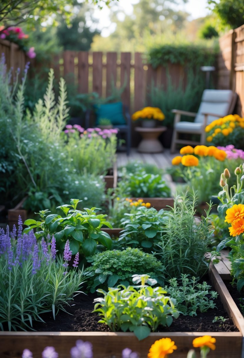 A small backyard garden with raised beds and pots filled with fragrant herbs and colorful flowers under soft sunlight.
