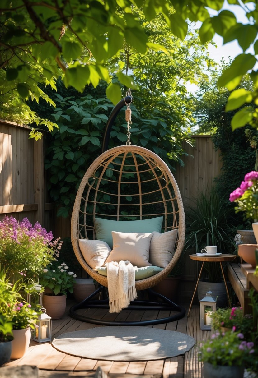 A backyard nook with a hammock or swing chair surrounded by plants and flowers, with cushions and a small table.