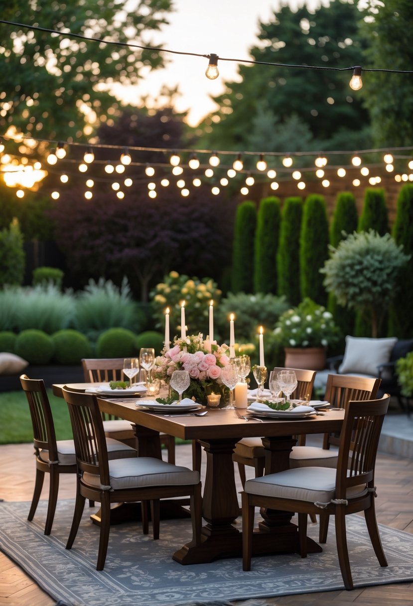 Backyard dining area with a wooden table set for a meal, surrounded by cushioned chairs, greenery, and hanging string lights.