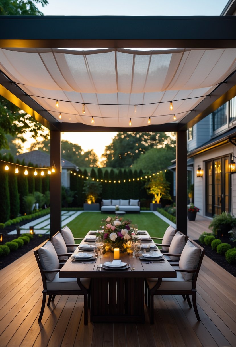 A backyard dining area with a wooden pergola, a large dining table set for a meal, surrounded by cushioned chairs, and lush green plants in the background.