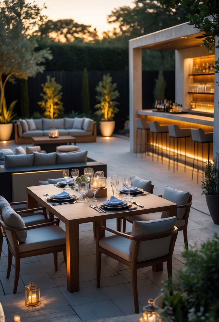 A backyard with an elegant dining table, comfortable lounge seating, and a modern bar area surrounded by plants and soft lighting.