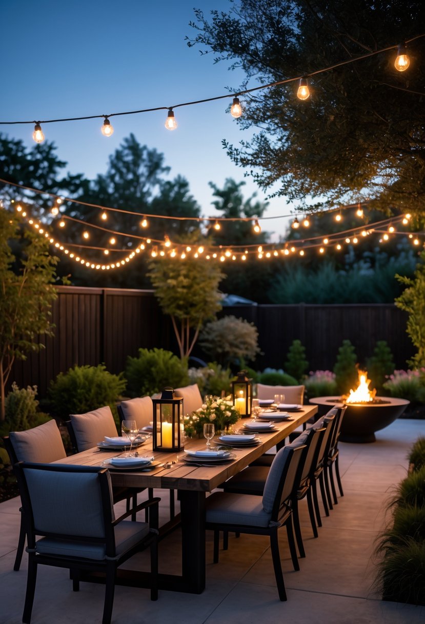 Backyard dining area with a wooden table, cushioned chairs, warm string lights, lanterns, a fire pit, and surrounding greenery at dusk.