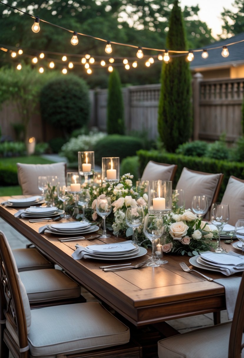 A backyard dining table set with plates, glasses, candles, and flowers surrounded by cushioned chairs and greenery.