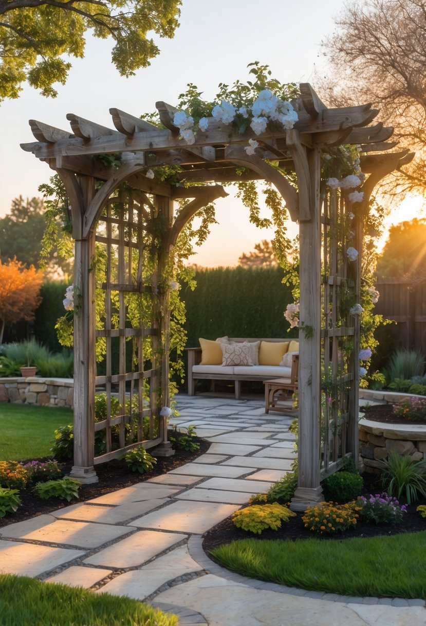 A backyard with a vintage wooden arbor covered in flowering vines, surrounded by green grass, flower beds, and a seating area.