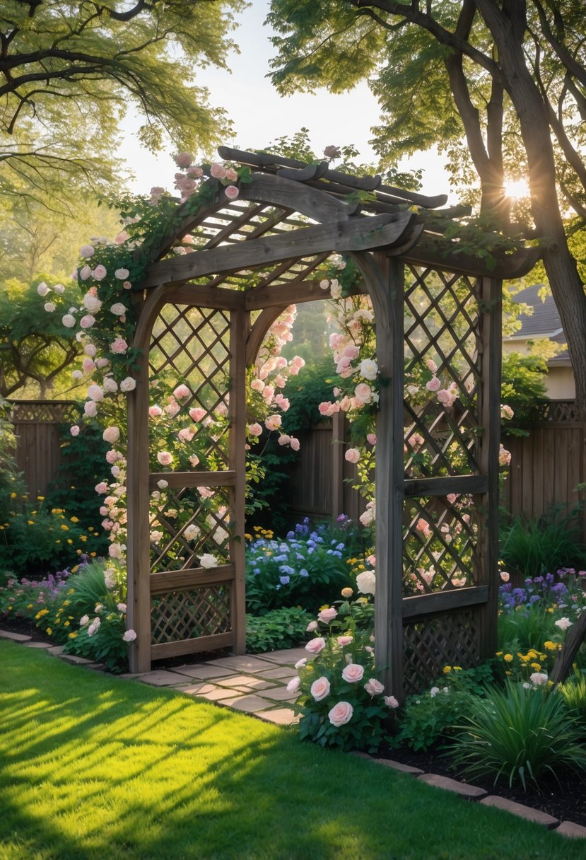 A vintage wooden arbor covered with flowering vines in a green backyard garden surrounded by flowers and trees under soft sunlight.