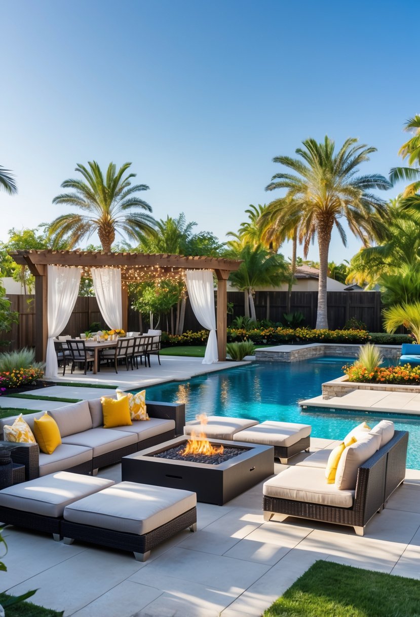 A backyard with a swimming pool, lounge chairs, a fire pit, a pergola over a dining table, tropical plants, and a clear sunny sky.