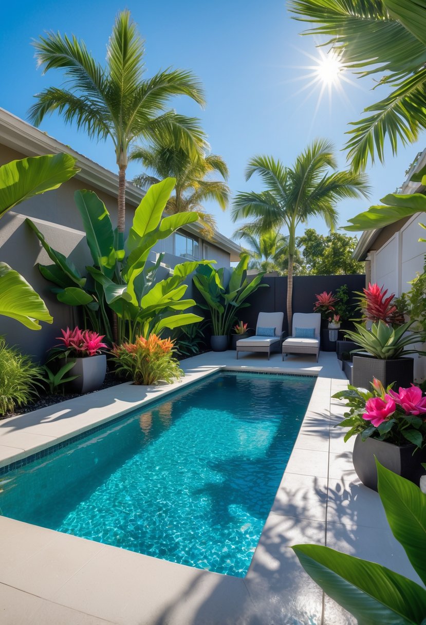 Backyard with a swimming pool surrounded by tropical plants and outdoor furniture under a clear sky.