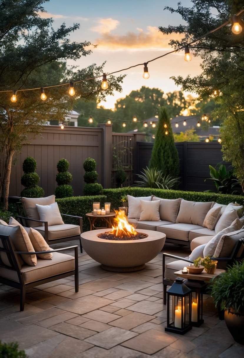 Backyard fire pit area with comfortable seating surrounded by plants and soft lighting.