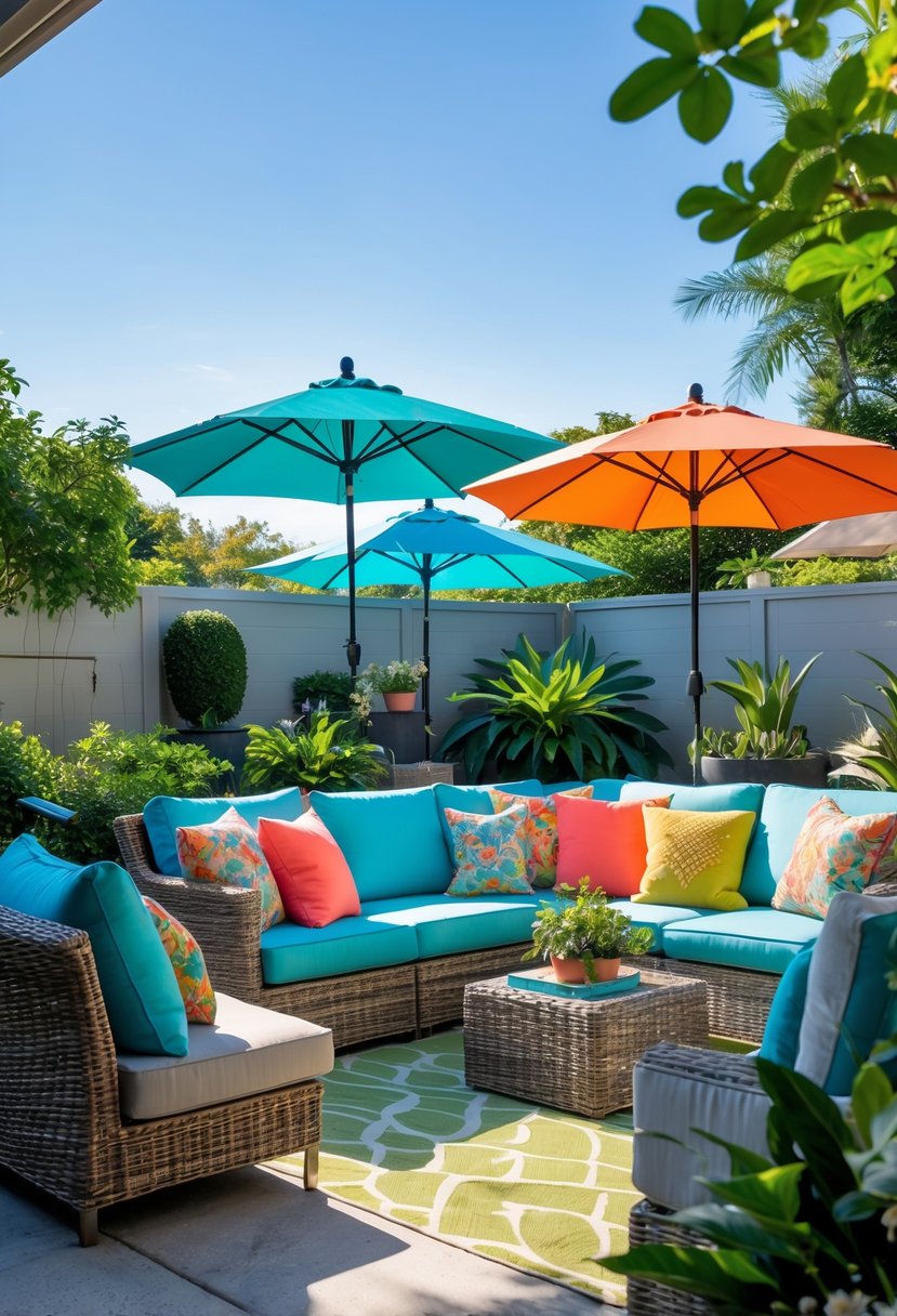 A backyard seating area with colorful umbrellas and outdoor pillows surrounded by greenery under a clear sky.