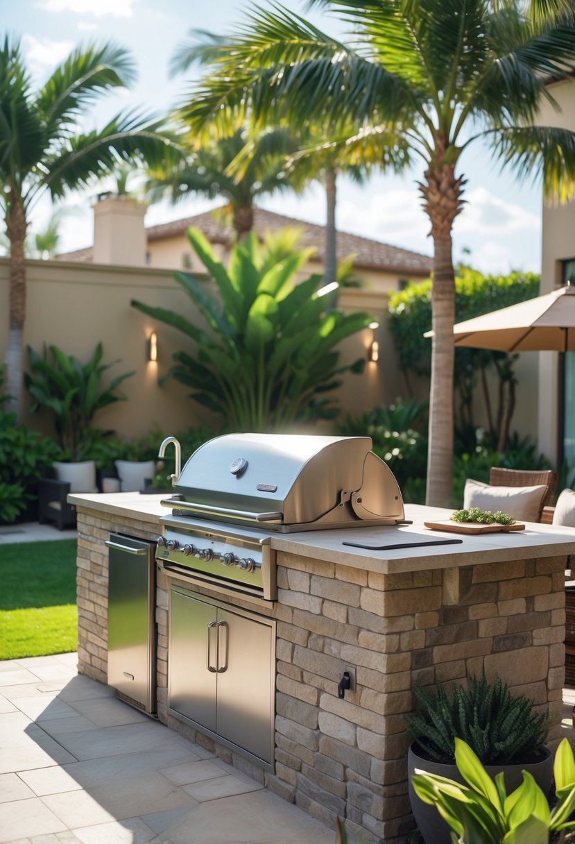 Outdoor kitchen with built-in grill, stone countertop, seating area, and tropical plants in a backyard.